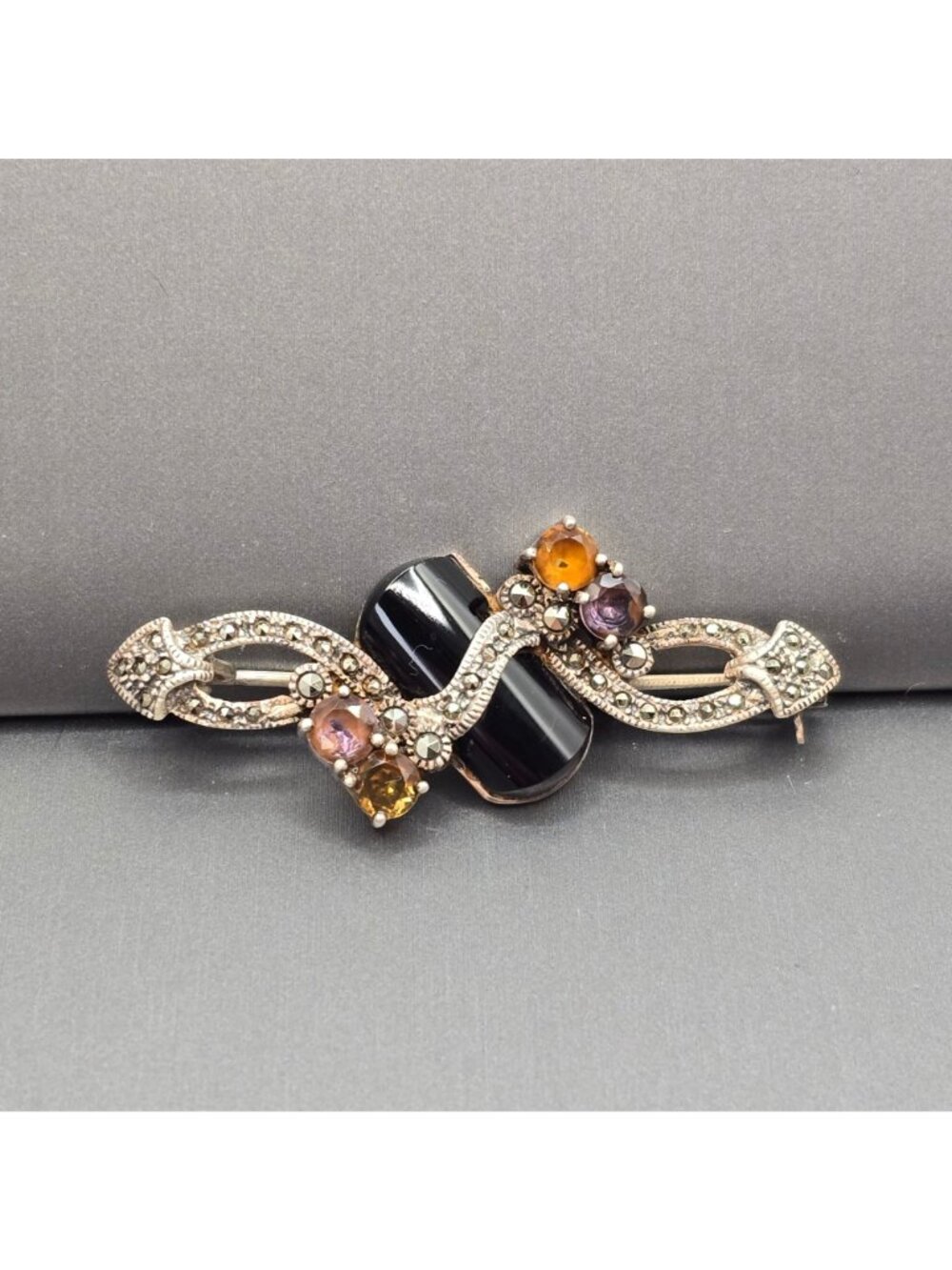 Vintage Art Deco Sterling Silver Onyx Ametrine Citrine Marcasite Brooch Signed - Picture 7 of 15